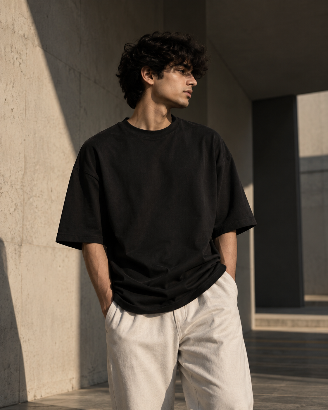 Model wearing a premium oversized T-shirt in a minimalist urban setting - VELNOR™