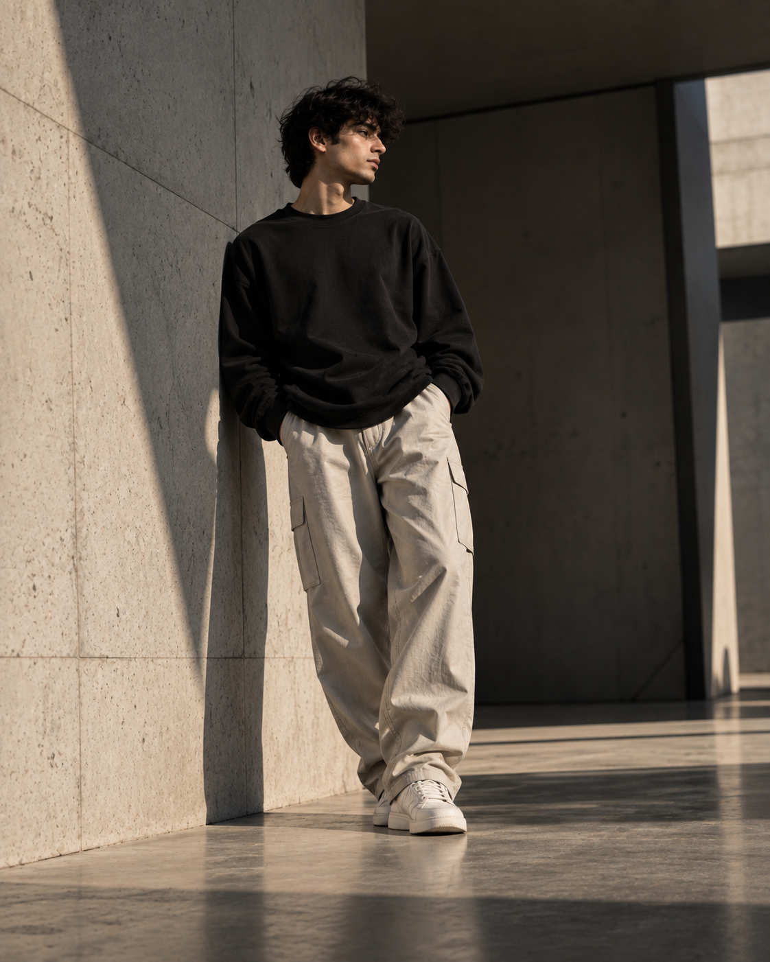 Model wearing premium relaxed-fit bottoms in a minimalist urban setting - VELNOR™